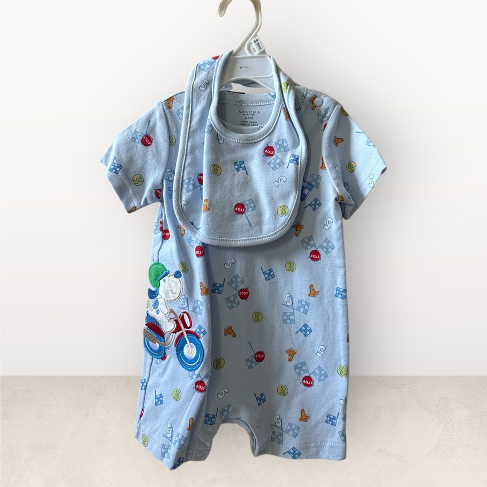 SONOMA Blue Baby Romper with Bib Motorcycle Design, 6-9 Months NWT